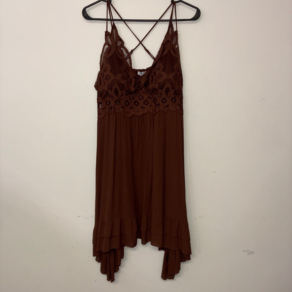 315 rue21 Babydoll Dress Womens XL Brown Crochet Lace Handkerchief Hem Boho